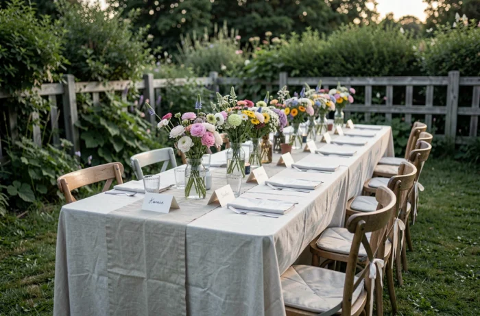 Table de jardin décorée avec soin pour une fête en plein air avec des fleurs sauvages et des accessoires naturels