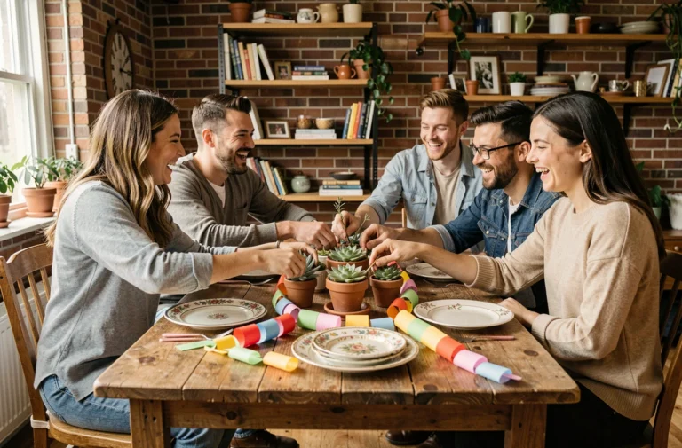 Groupe d'amis qui décorent ensemble une table de fête avec des éléments faits main dans un appartement chaleureux