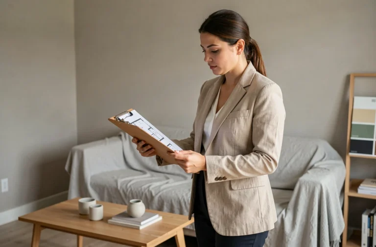Décoratrice professionnelle en formation home staging tenant un clipboard dans un salon mis en scène
