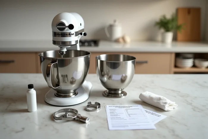 Vue d'ensemble d'un robot KitchenAid démonté avec bol retiré, lubrifiant et instructions de dépannage sur plan de travail