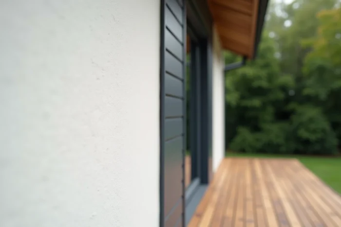 Détail de façade maison avec enduit blanc et bardage gris anthracite en gros plan