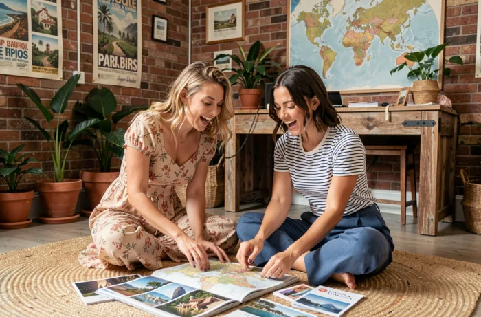 Deux femmes planifiant ensemble un voyage sur mesure dans une agence de voyages au décor chaleureux et vintage