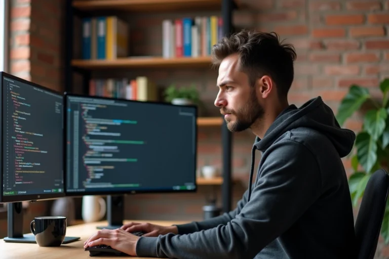 Développeur homme en sweat gris travaillant sur des scripts d'automatisation avec deux écrans de code dans un bureau moderne