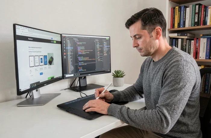 Un développeur web indépendant travaille sur la création d'un site professionnel responsive sur un double écran à son bureau à domicile