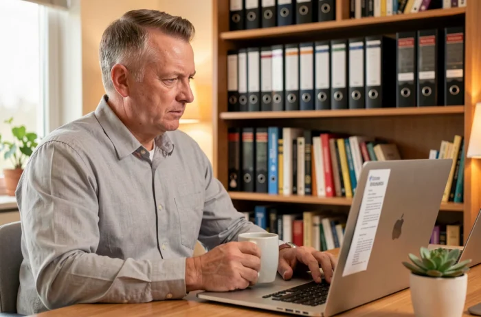 Homme en télétravail lisant un contrat de travail sur ordinateur portable pour comprendre ses droits aux congés payés