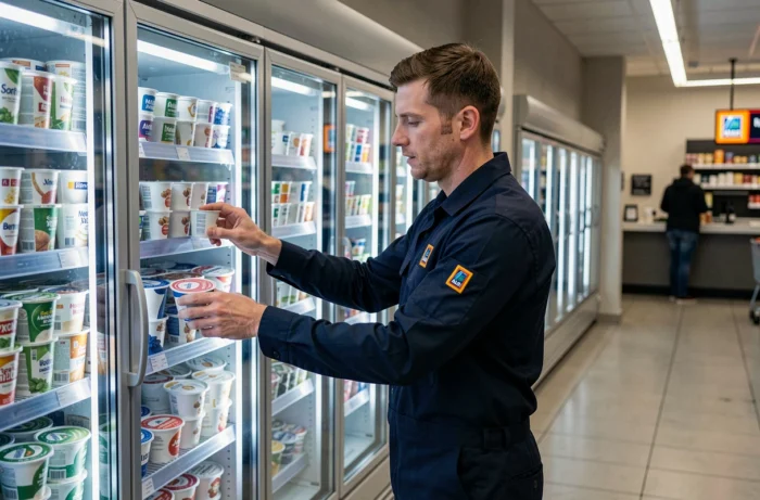 Employé Aldi en uniforme réassortissant les produits laitiers dans le rayon réfrigéré d'un magasin français