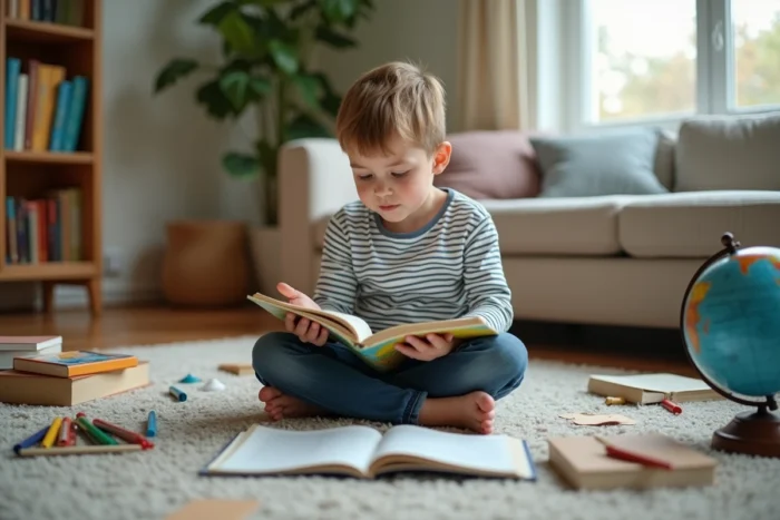 Enfant étudiant seul à la maison entouré de livres et de matériel éducatif