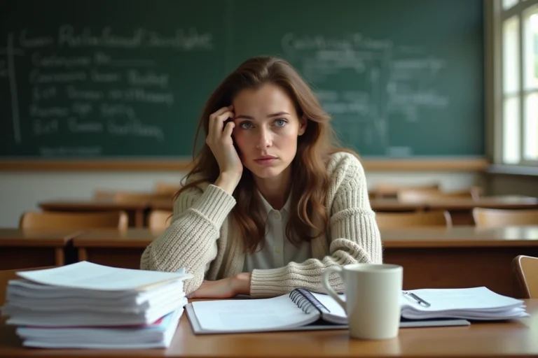 Enseignante épuisée corrigeant des copies dans une salle de classe vide en fin de journée, illustrant les défis quotidiens du métier d'enseignant