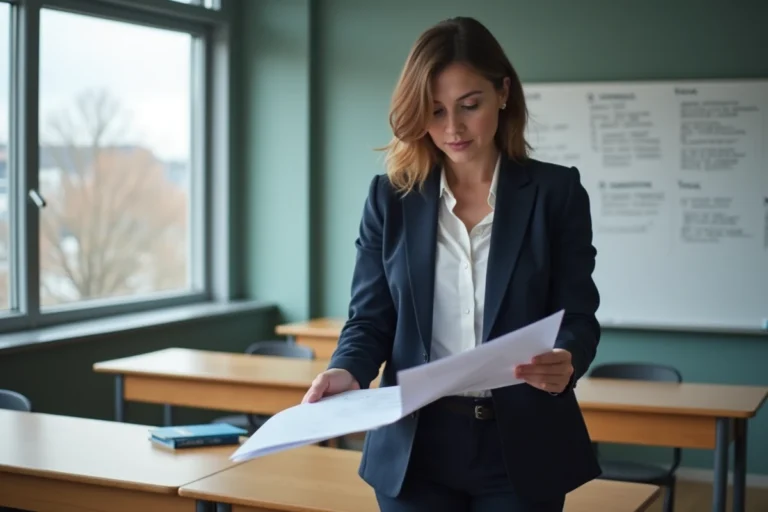 Enseignante en blazer marine consultant des documents dans une salle de classe moderne, illustrant le pacte enseignant 2026