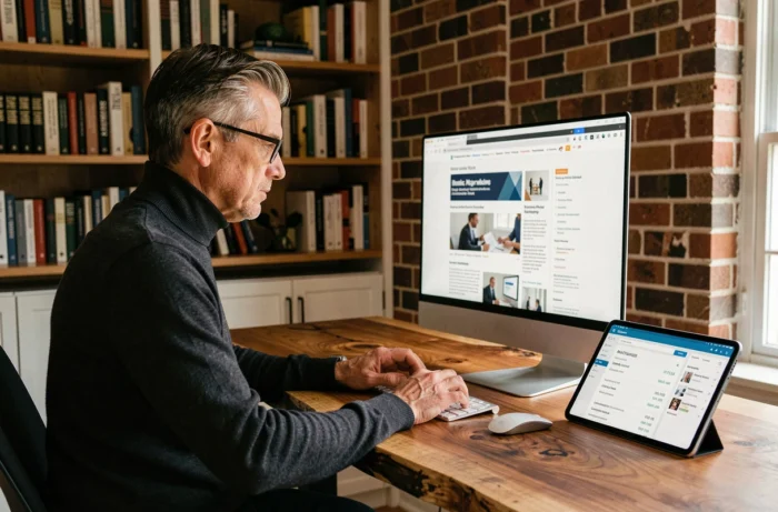 Entrepreneur concentré consultant les dernières actualités du marketing B2B en ligne depuis son bureau à domicile
