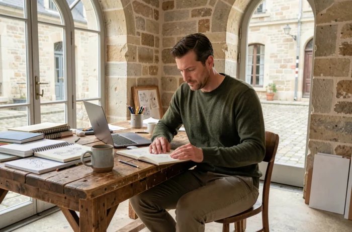 Entrepreneur français créatif travaillant dans un atelier en pierre avec des carnets de croquis