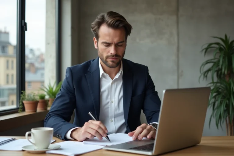 Entrepreneur parisien en blazer marine analysant des tendances business à son bureau dans un co-working moderne
