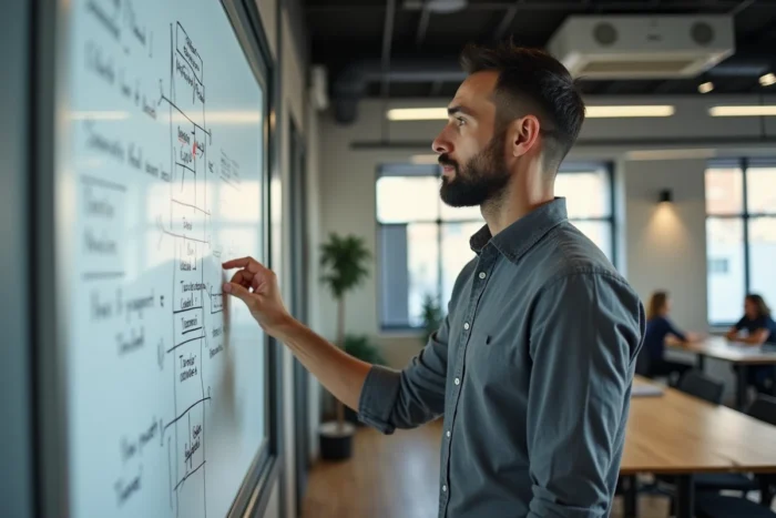 Entrepreneur présentant un plan de financement sur tableau blanc dans un bureau de startup