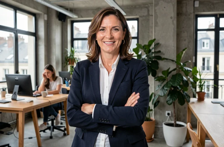 Portrait d'une entrepreneuse française confiante dans un espace de coworking parisien moderne