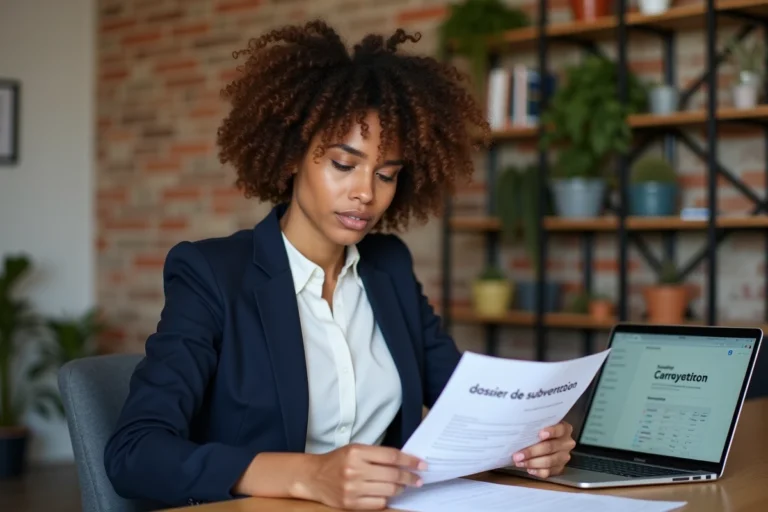 Entrepreneuse consultant un dossier de subvention dans un espace de coworking moderne