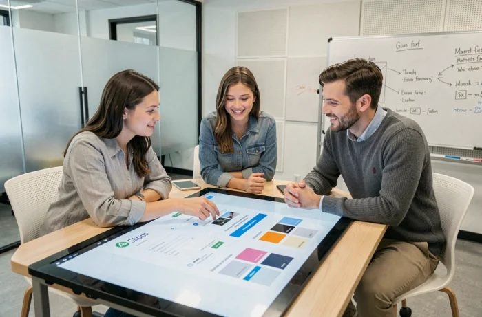 Une équipe pluridisciplinaire collabore autour d'un prototype de site web professionnel lors d'un atelier de refonte UX en agence digitale