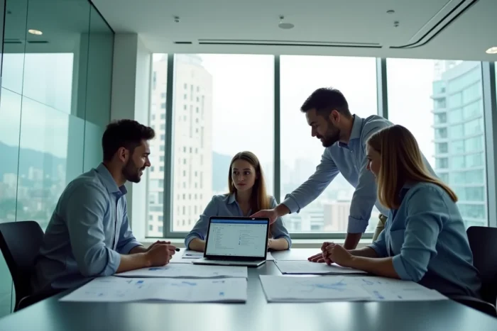 Équipe de professionnels en réunion autour de documents papier et numériques dans une salle de conférence moderne, représentant l'optimisation de la performance par la gestion documentaire