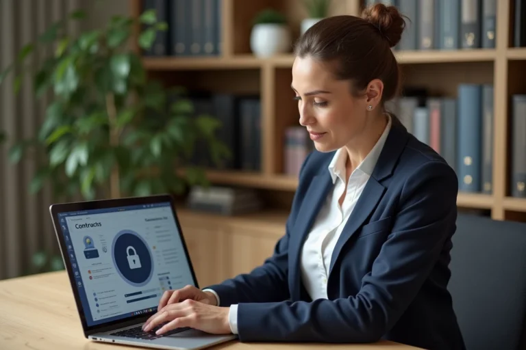 Femme professionnelle consultant son espace client sécurisé sur un ordinateur portable dans un bureau moderne