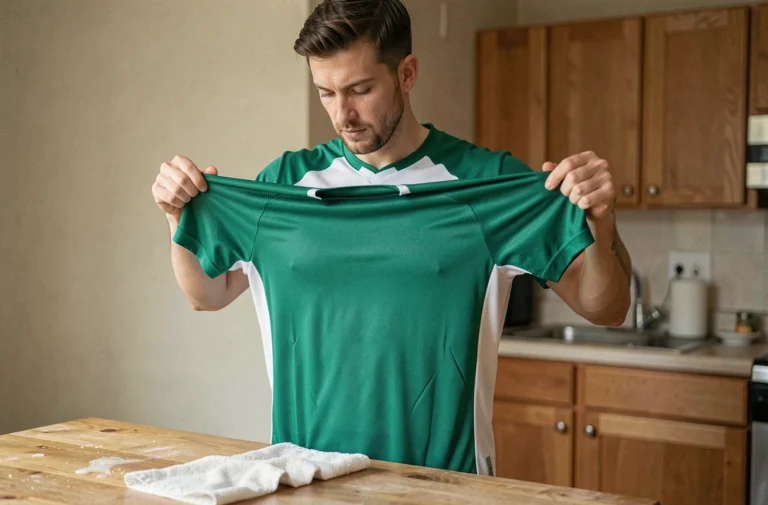 Homme étirant manuellement un maillot de football vert pour l'élargir sur une table en bois