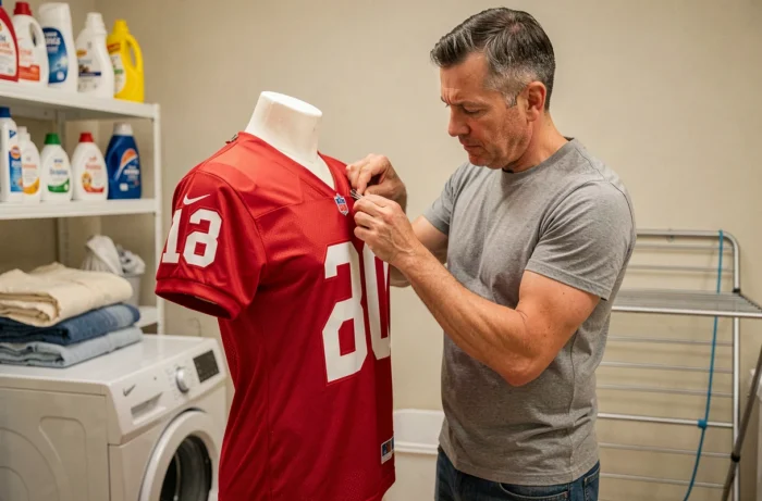 Homme fixant un maillot de football rouge étiré sur un mannequin torse pour l'élargir correctement