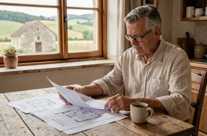 Homme étudiant des documents immobiliers et des plans de maison à une table en bois dans une maison de campagne française rénovée