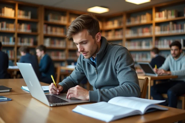 Étudiant remplissant un dossier de candidature en ligne sur ordinateur portable dans une bibliothèque universitaire