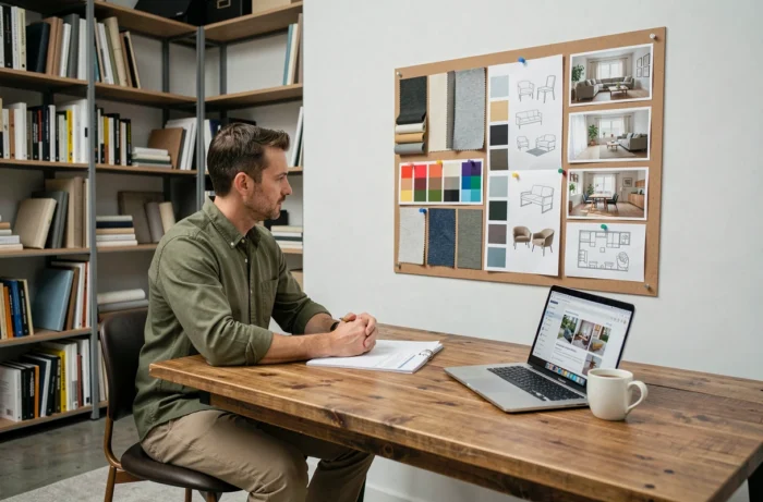 Étudiant en home staging analysant un mood board et des échantillons de matériaux dans un studio de design