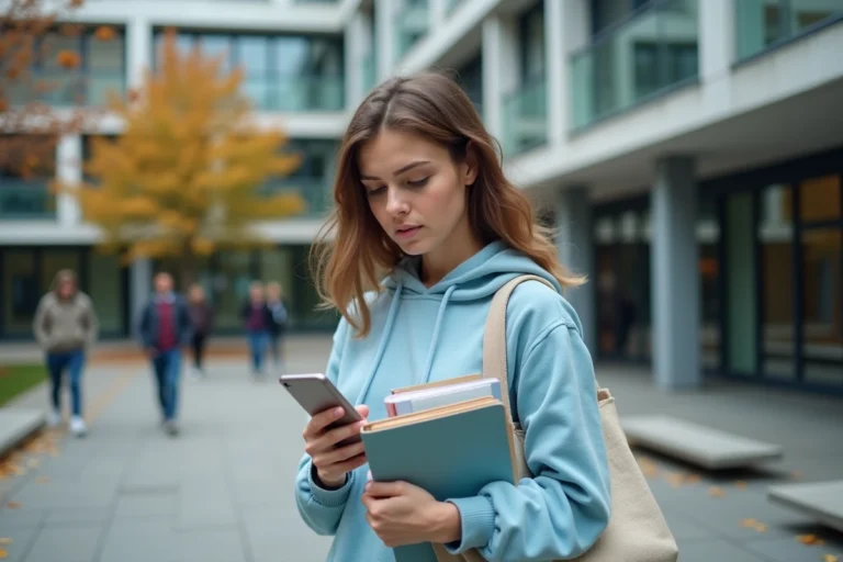Étudiante devant le campus de l'UPEC Créteil consultant son téléphone pour sa candidature universitaire