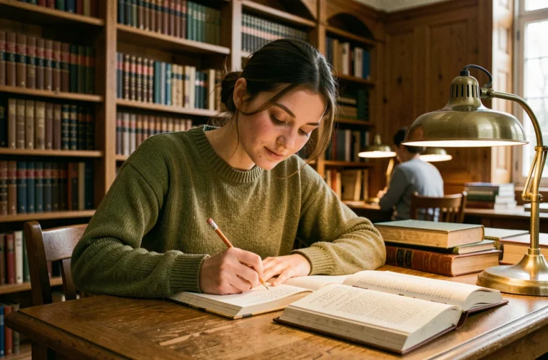 Étudiante en philosophie rédigeant sa dissertation sur le bonheur dans une bibliothèque universitaire classique