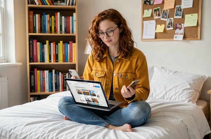 Étudiante recherchant un iPhone reconditionné pas cher sur son ordinateur portable depuis sa chambre