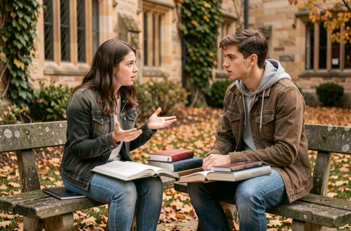Deux étudiants débattant de la notion de bonheur en philosophie sur un banc du campus universitaire en automne