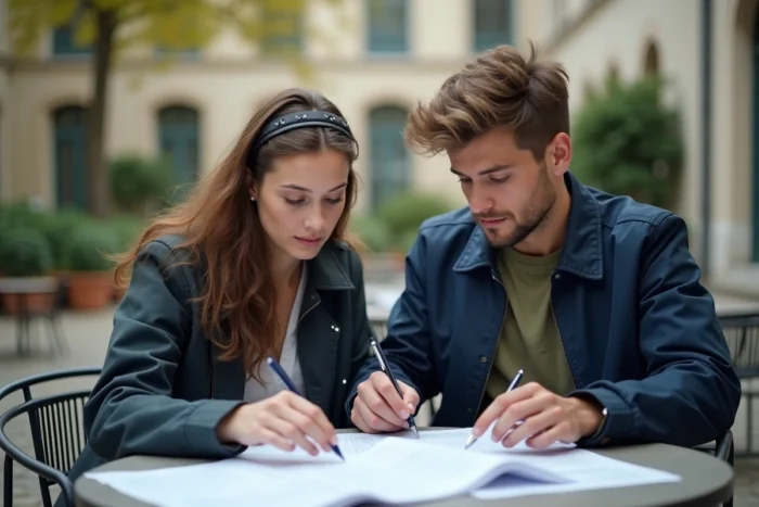 Deux étudiants révisant ensemble les documents de candidature à l'UPEC dans la cour du campus universitaire