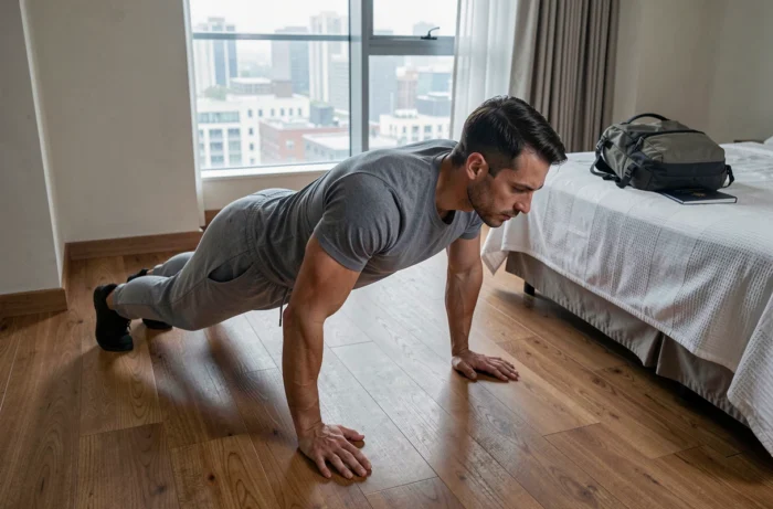 Homme faisant des pompes dans sa chambre d'hôtel pour maintenir sa forme physique pendant un voyage