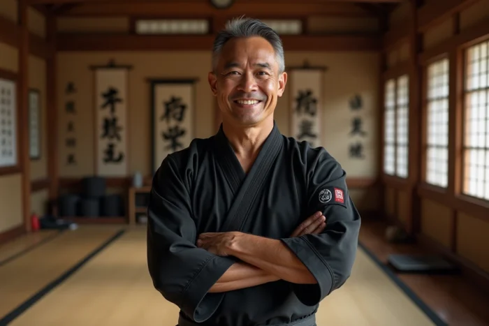 Portrait d'un expert en arts martiaux en tenue de combat dans un dojo traditionnel