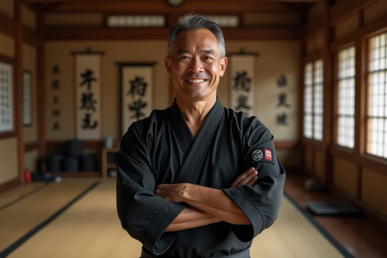 Portrait d'un expert en arts martiaux en tenue de combat dans un dojo traditionnel