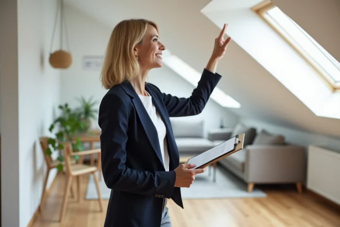 Experte immobilière dans un grenier aménagé expliquant les implications fiscales d'un espace converti