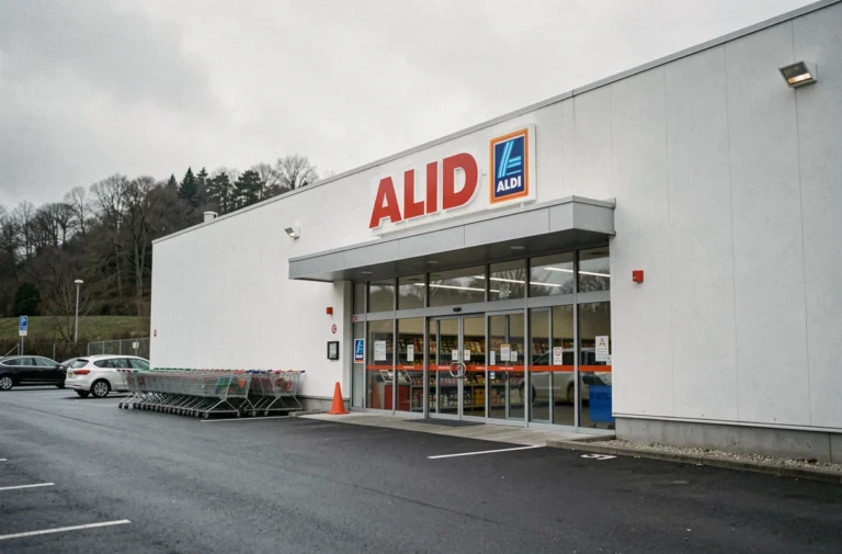 Façade extérieure d'un supermarché Aldi en France avec son enseigne rouge et blanche et son parking