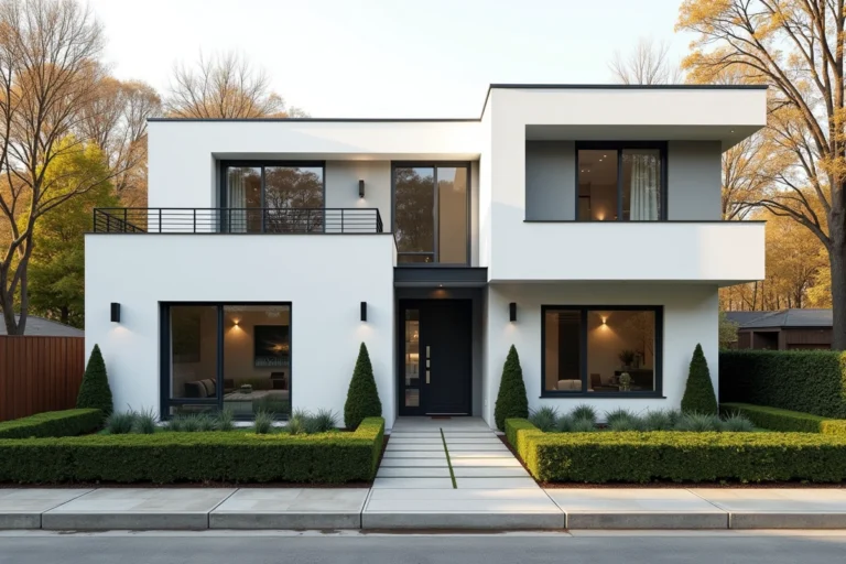 Façade maison moderne en blanc et gris anthracite avec menuiseries anthracite et allée en béton gris clair