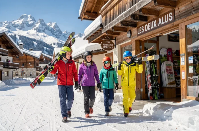 Famille portant des skis de location devant un chalet aux Deux Alpes en hiver