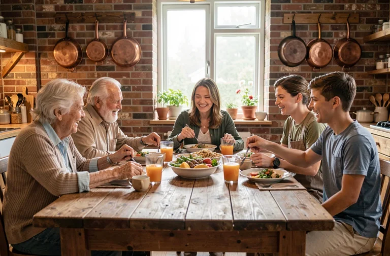 Famille multigénérationnelle réunie autour d'un repas convivial dans une cuisine rustique, renforcant les liens familiaux au quotidien