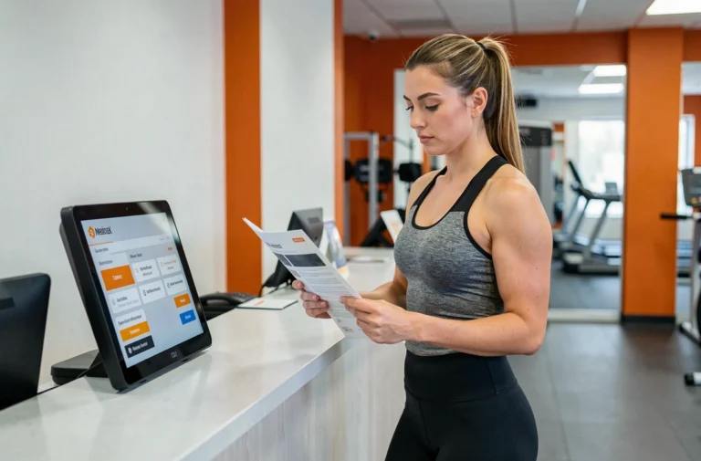 Femme consultant les offres d'abonnement Basic Fit à la réception d'une salle de sport moderne