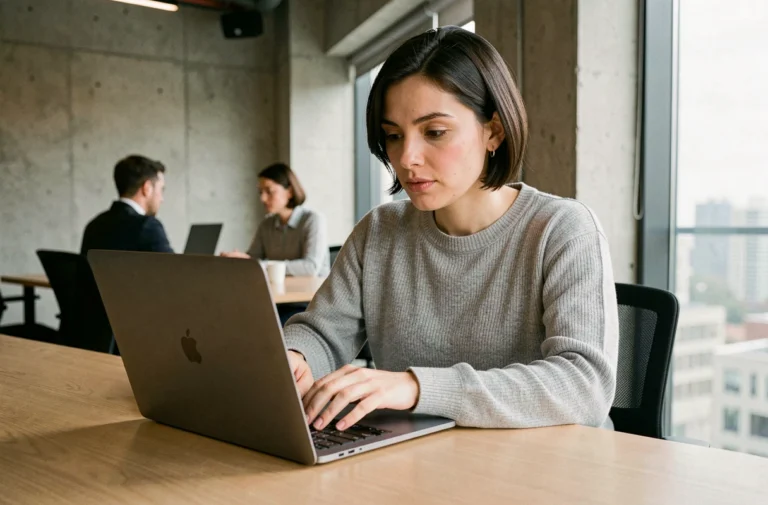 Femme consultant les dernières actualités numériques sur un laptop dans un bureau moderne