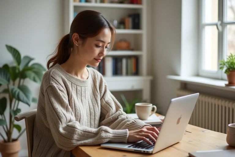 Jeune femme parisienne naviguant sur le site ASOS Premier sur son ordinateur portable depuis son appartement