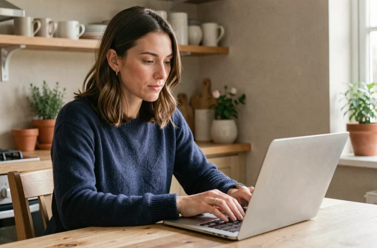 Femme consultant des avis utilisateurs sur un ordinateur portable dans une cuisine moderne en 2026
