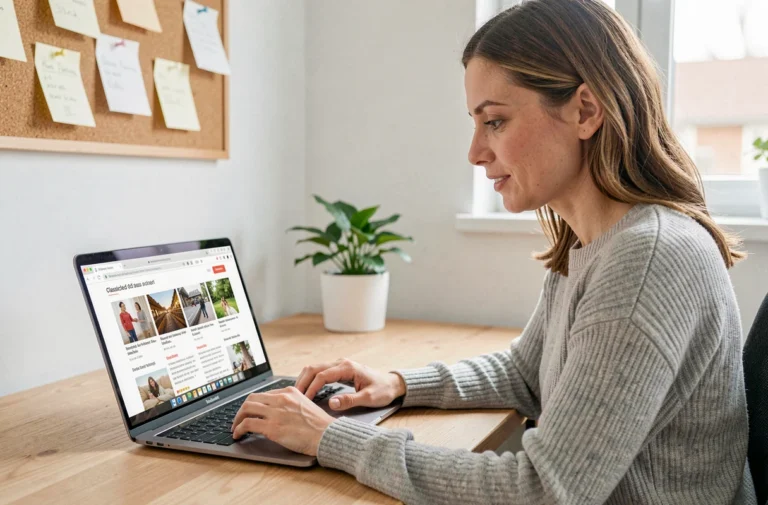 Femme consultant les nouvelles annonces sur un site classifieds depuis son bureau à domicile