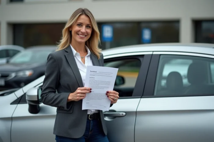Femme tenant un certificat de non gage devant une voiture d'occasion dans un parking