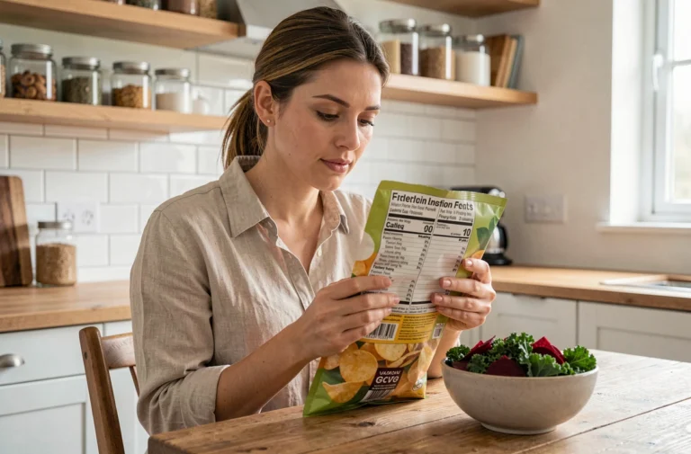 Femme lisant l'étiquette nutritionnelle d'un paquet de chips de légumes sains dans une cuisine moderne