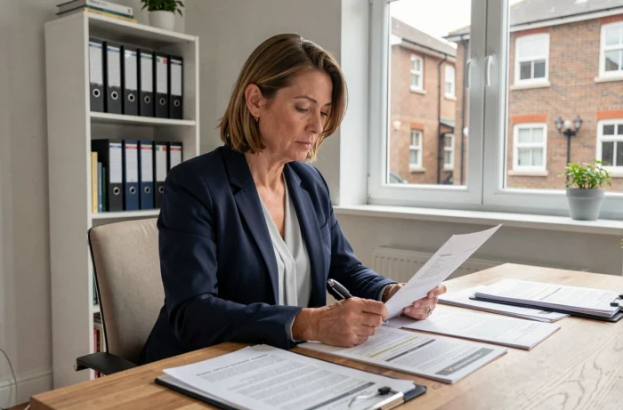 Une femme d'affaires examine un contrat de location immobilière à son bureau, illustrant le processus de compréhension d'un accord avec une société de logement