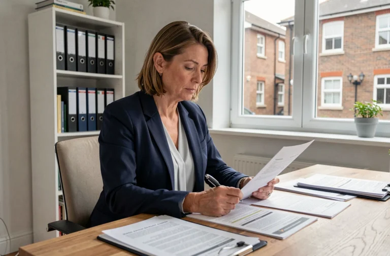 Une femme d'affaires examine un contrat de location immobilière à son bureau, illustrant le processus de compréhension d'un accord avec une société de logement