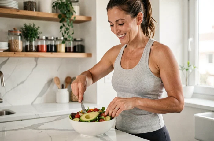Femme préparant un repas équilibré et coloré dans une cuisine moderne pour une alimentation saine et minceur durable